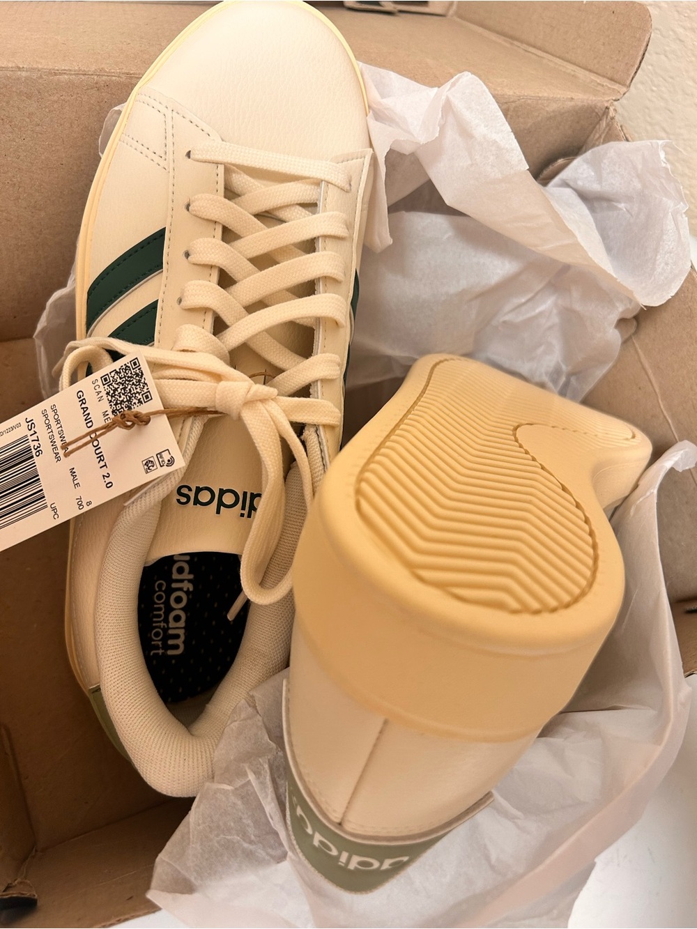 adidas Grand Court 2.0 Cream Sneakers with Green Stripes